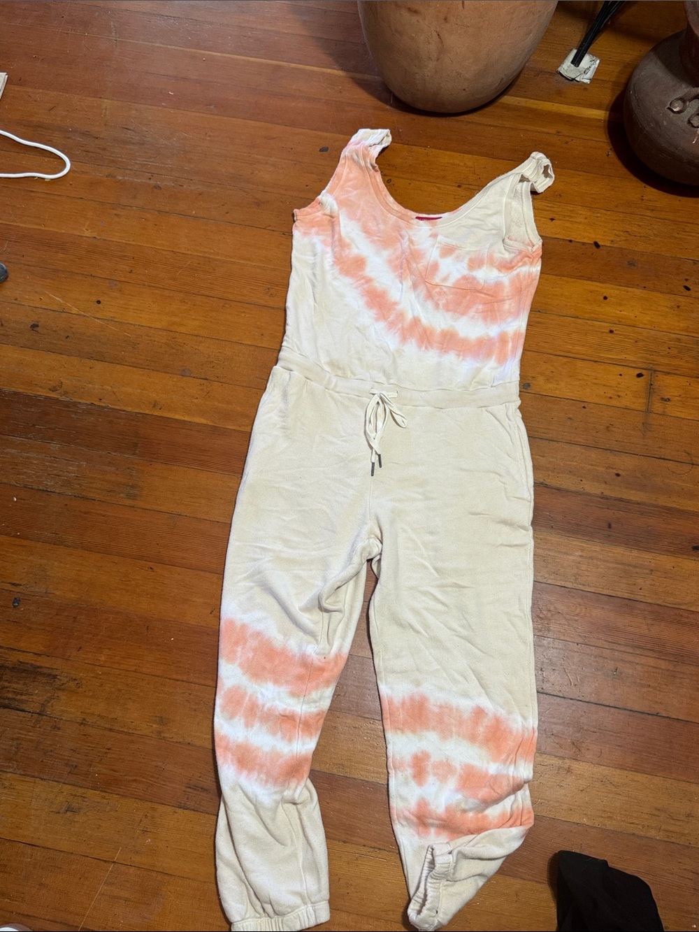 Tie-Dye Cream & Peach Sleeveless Jumpsuit with Drawstring Waist